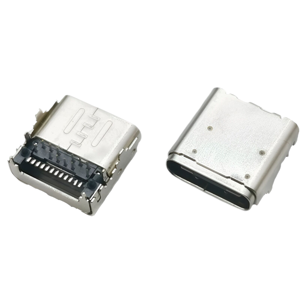 TYPE C 24P母座 六腳插板 前插后貼DIP+SMT CH=1.6MM L=9.1MM 雙殼